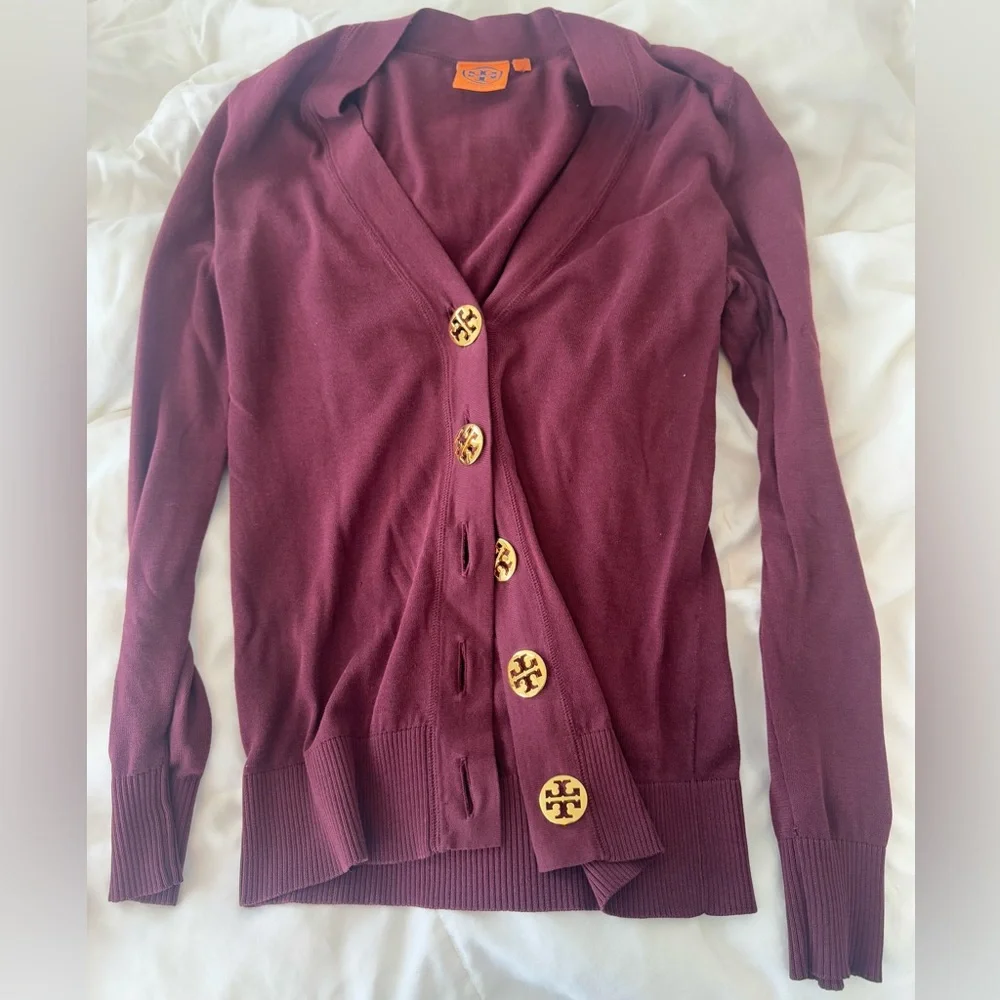 Tory Burch Deep Wine Cardigan with Gold Accents